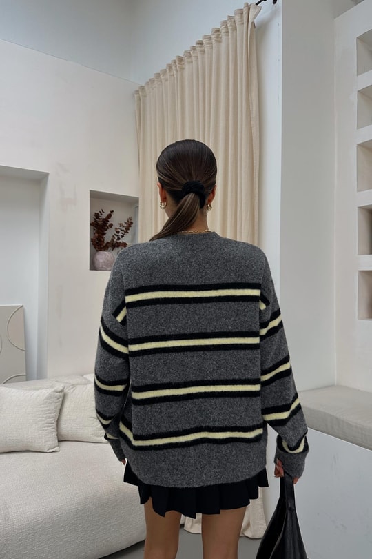 Çizgili Oversize Triko Kazak Antrasit