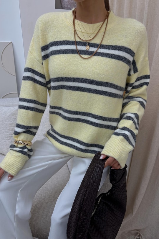 Çizgili Oversize Triko Kazak Sarı