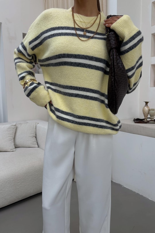 Çizgili Oversize Triko Kazak Sarı