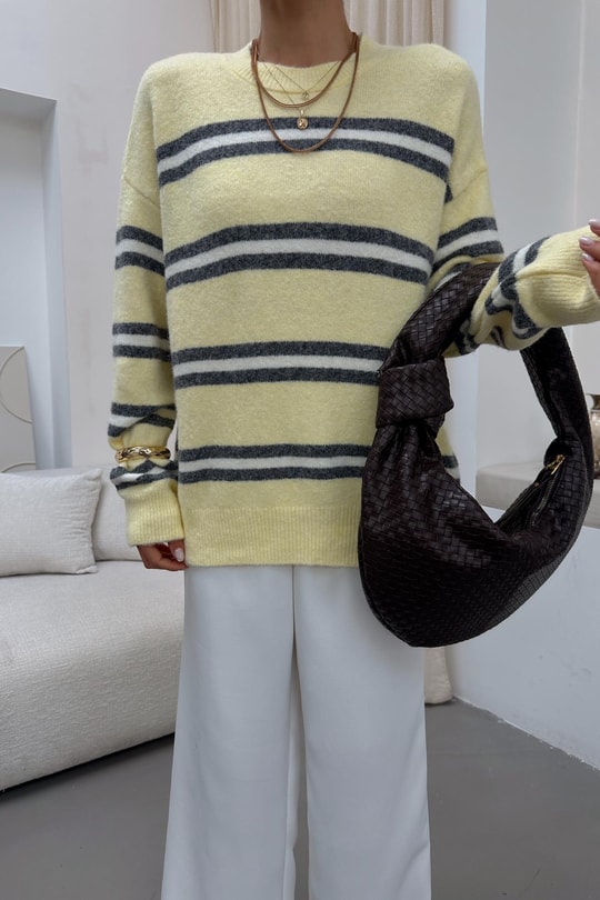 Çizgili Oversize Triko Kazak Sarı