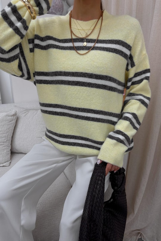 Çizgili Oversize Triko Kazak Sarı