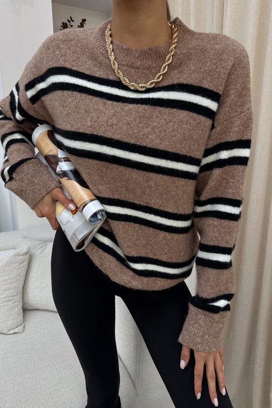 Çizgili Oversize Triko Kazak Vizon