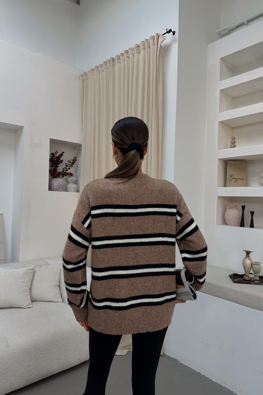 Çizgili Oversize Triko Kazak Vizon