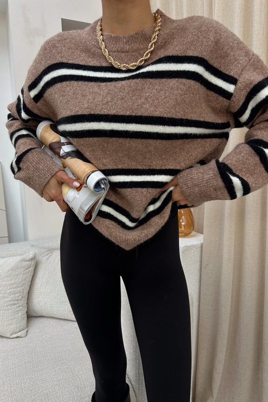Çizgili Oversize Triko Kazak Vizon