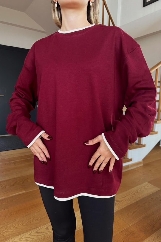 Detaylı Uzun Kol Tshirt Bordo