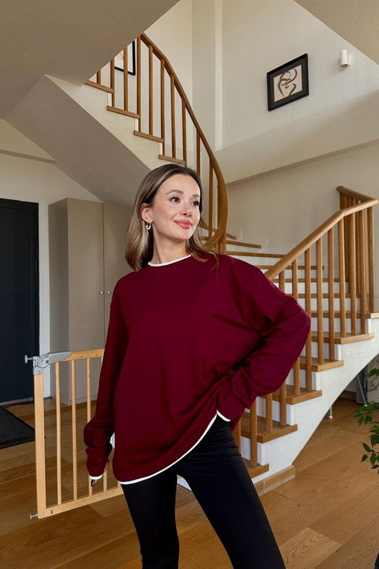 Detaylı Uzun Kol Tshirt Bordo