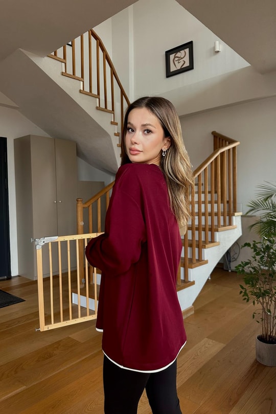 Detaylı Uzun Kol Tshirt Bordo