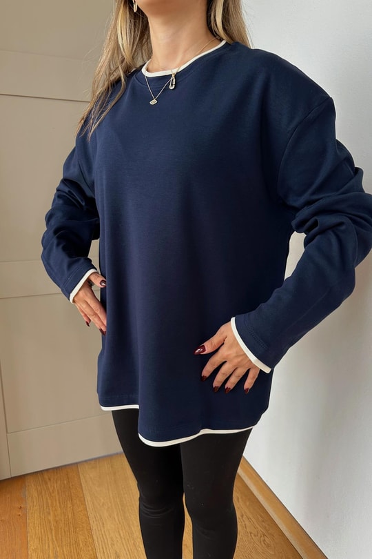 Detaylı Uzun Kol Tshirt Lacivert