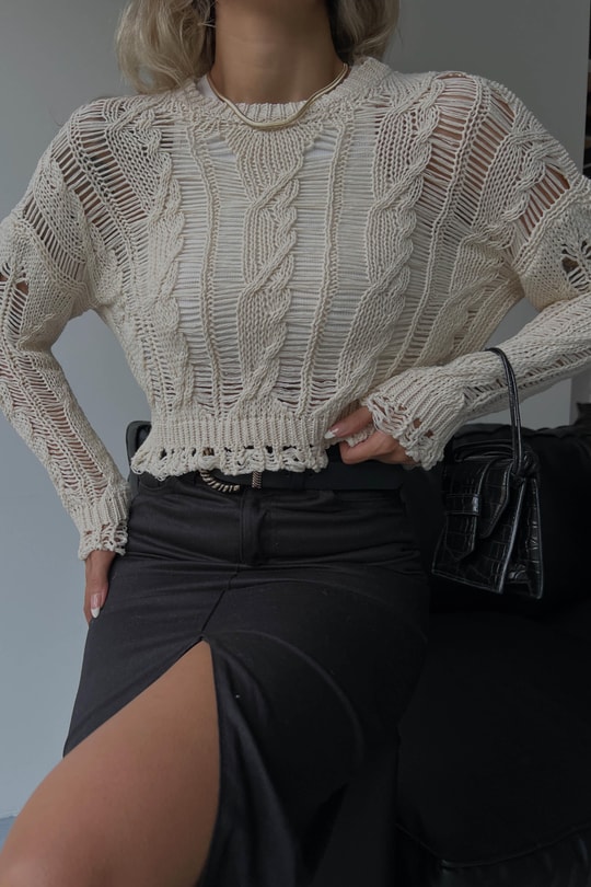 Distressed Örgülü Triko Crop Kazak Taş