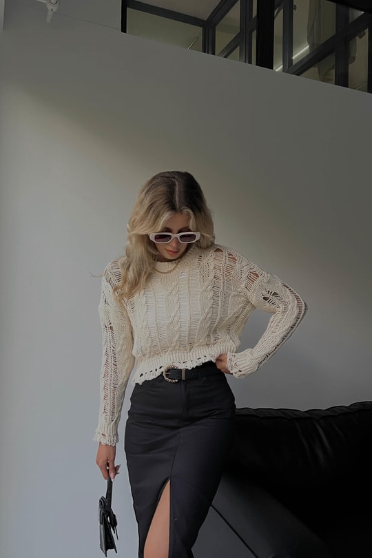 Distressed Örgülü Triko Crop Kazak Taş