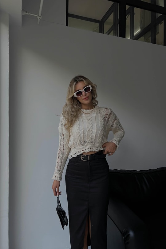 Distressed Örgülü Triko Crop Kazak Taş