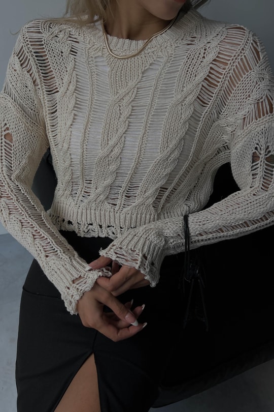 Distressed Örgülü Triko Crop Kazak Taş