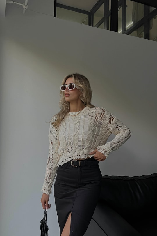 Distressed Örgülü Triko Crop Kazak Taş