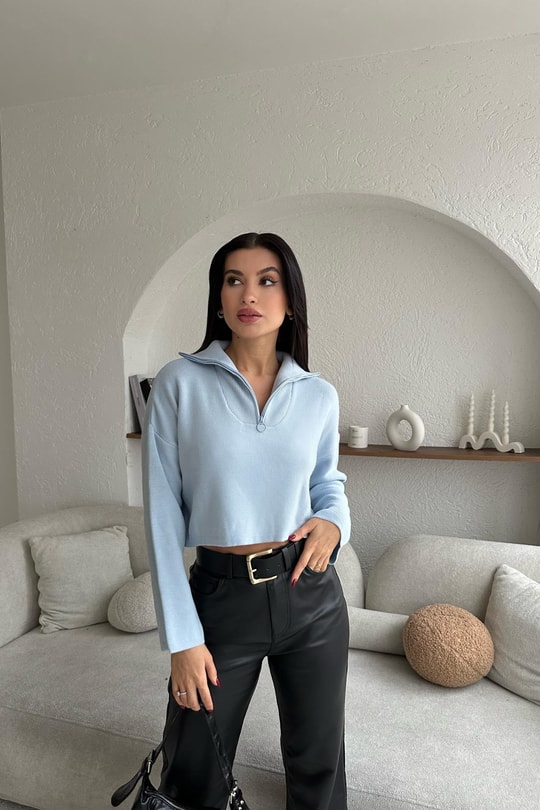 Fermuar Detay Çelik Örme Triko Bebe Mavi