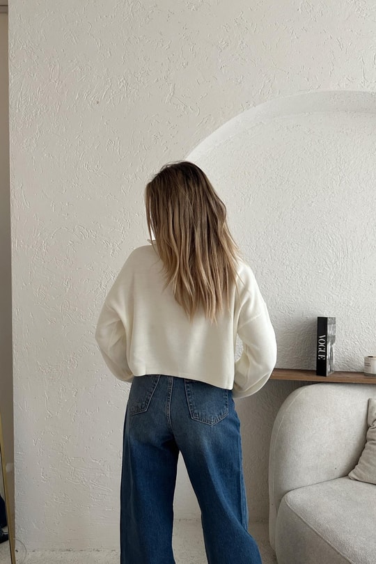Fermuar Detay Çelik Örme Triko Ekru