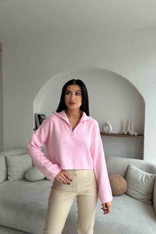 Fermuar Detay Çelik Örme Triko Şeker Pembe