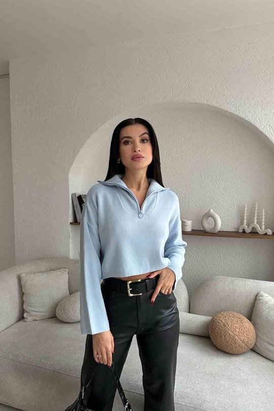 Fermuar Detay Çelik Örme Triko Şeker Pembe