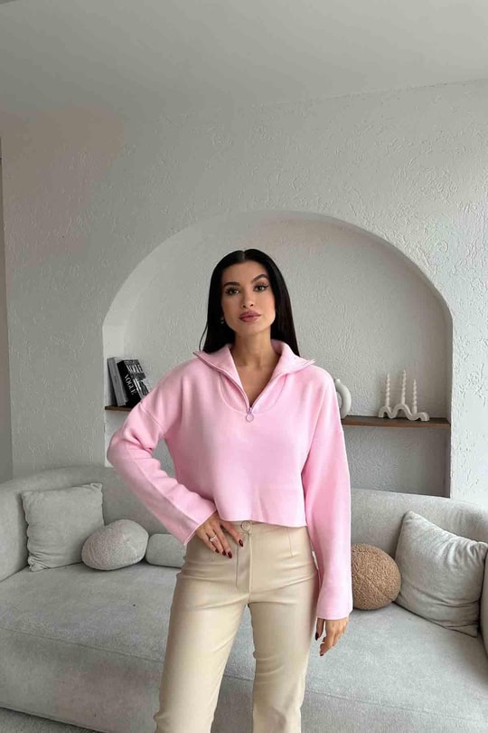 Fermuar Detay Çelik Örme Triko Şeker Pembe