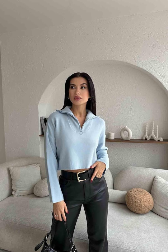 Fermuar Detay Çelik Örme Triko Şeker Pembe