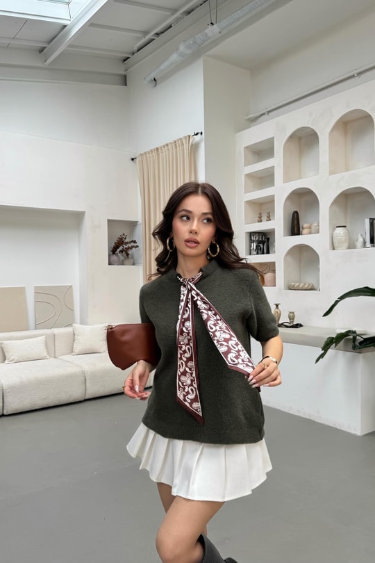 Fular Yaka Kısa Kol Kazak Haki