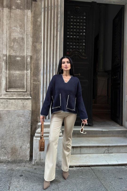 İlmek Detaylı Örme Triko Kazak Lacivert