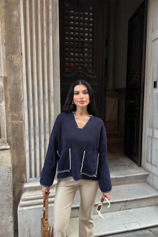 İlmek Detaylı Örme Triko Kazak Lacivert