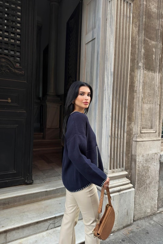 İlmek Detaylı Örme Triko Kazak Lacivert