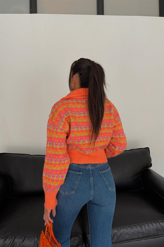 Kalp Desenli Fermuarlı Crop Kazak Hardal