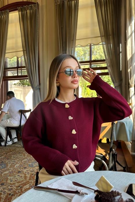 Kalp Düğmeli Hırka Bordo