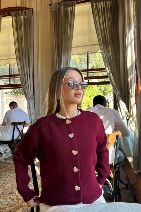 Kalp Düğmeli Hırka Bordo