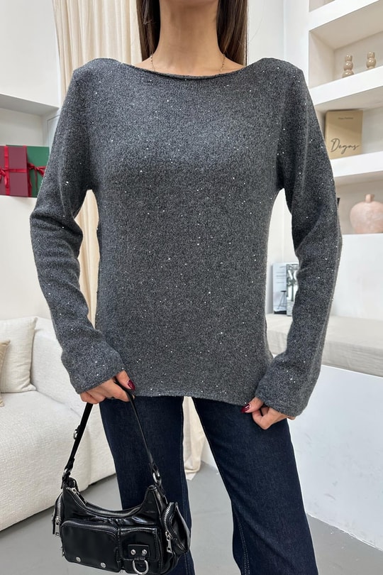 Kayık Yaka Pullu Simli Triko Kazak Antrasit