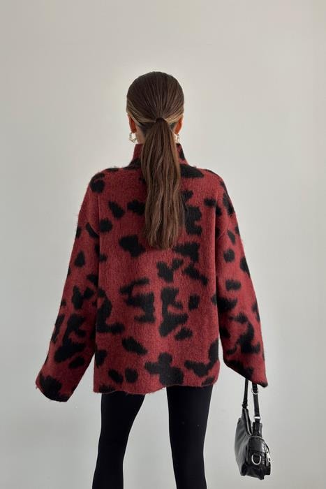 Leopar Dik Yaka Yün Kazak Bordo