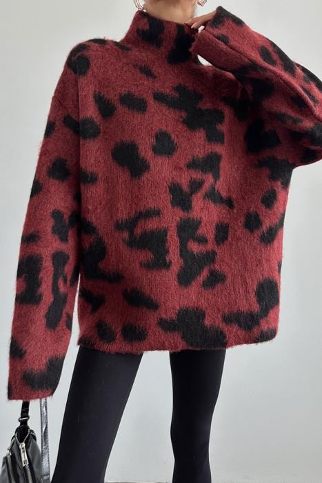 Leopar Dik Yaka Yün Kazak Bordo