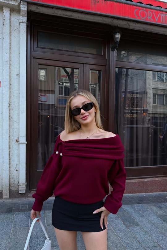 Omuz Detaylı Madonna Kazak Bordo