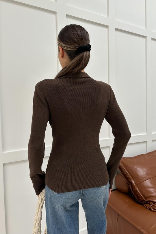 Polo Yaka Çıtçıtlı Triko Kahve