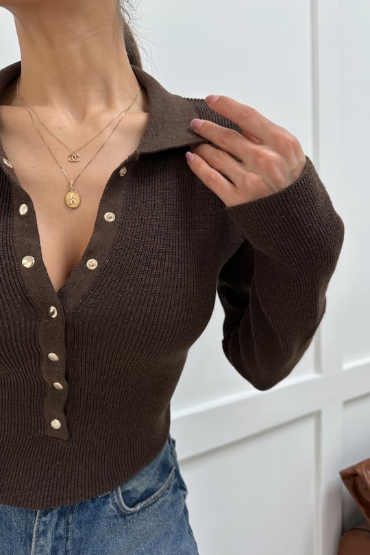 Polo Yaka Çıtçıtlı Triko Kahve