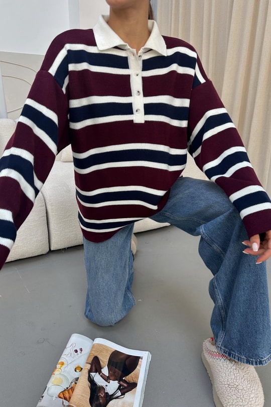 Polo Yaka Çizgili Kazak Bordo