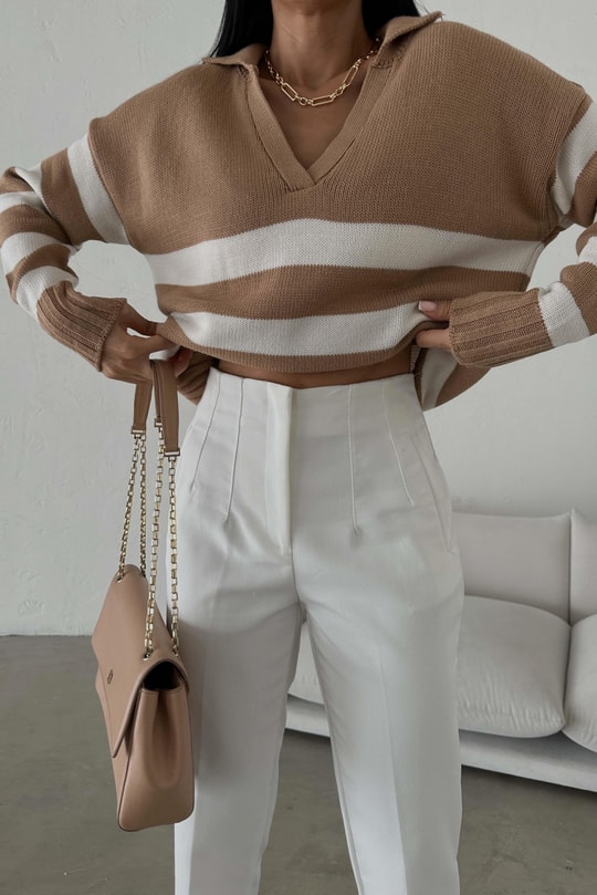 Polo Yaka Çizgili Triko Kazak Camel