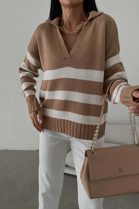 Polo Yaka Çizgili Triko Kazak Camel