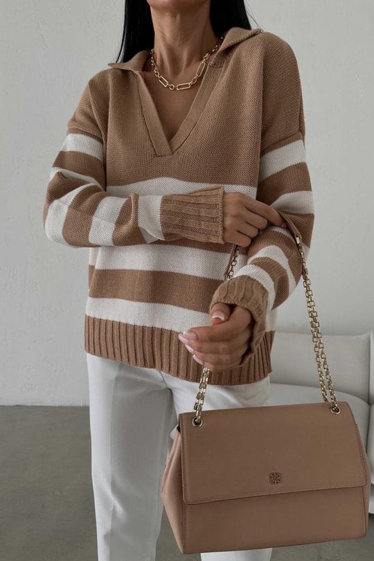 Polo Yaka Çizgili Triko Kazak Camel