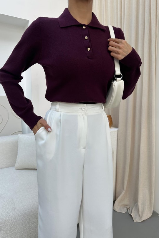 Polo Yaka Düğmeli Triko Mürdüm