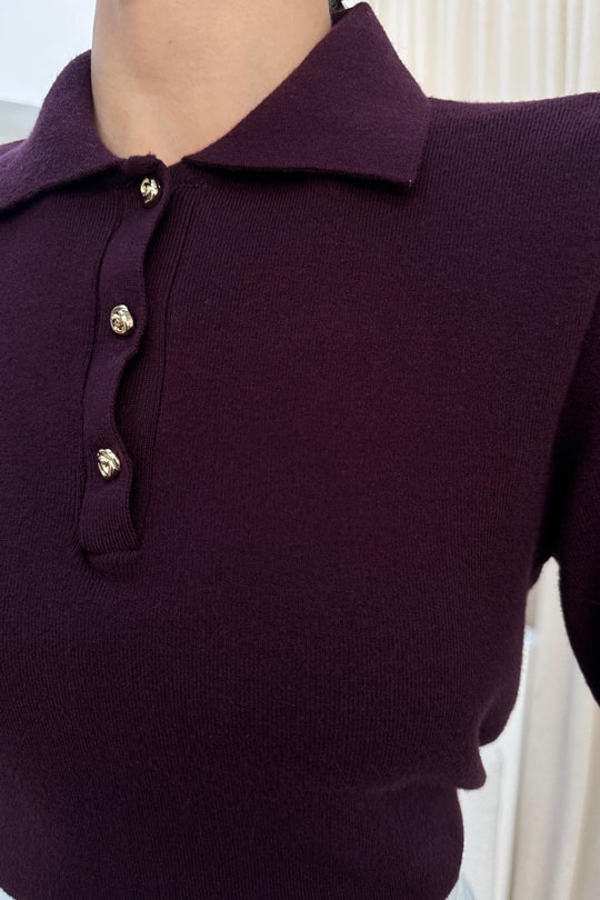 Polo Yaka Düğmeli Triko Mürdüm