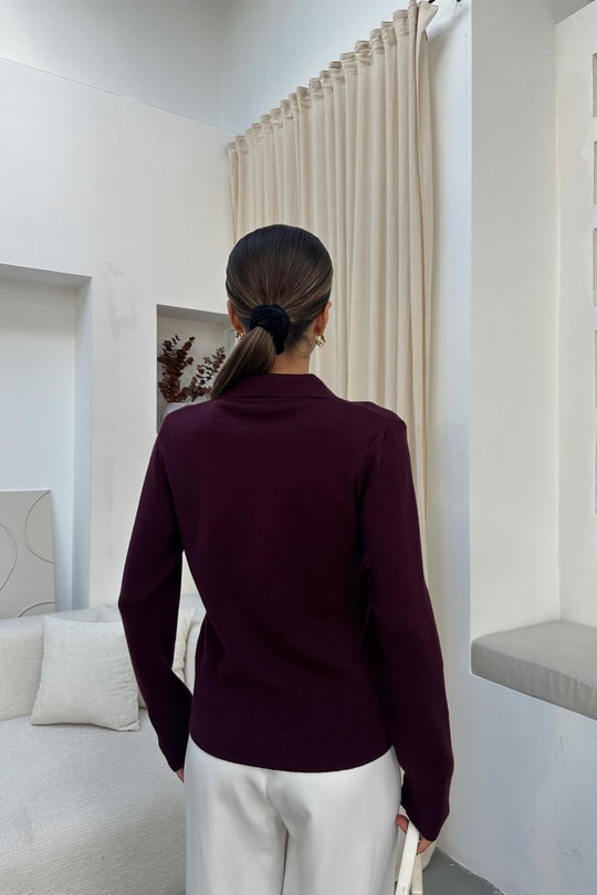 Polo Yaka Düğmeli Triko Mürdüm