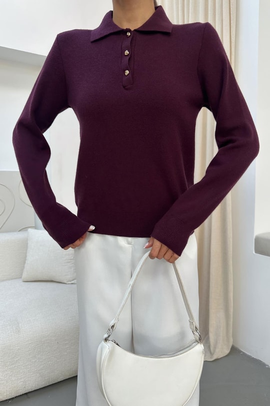 Polo Yaka Düğmeli Triko Mürdüm