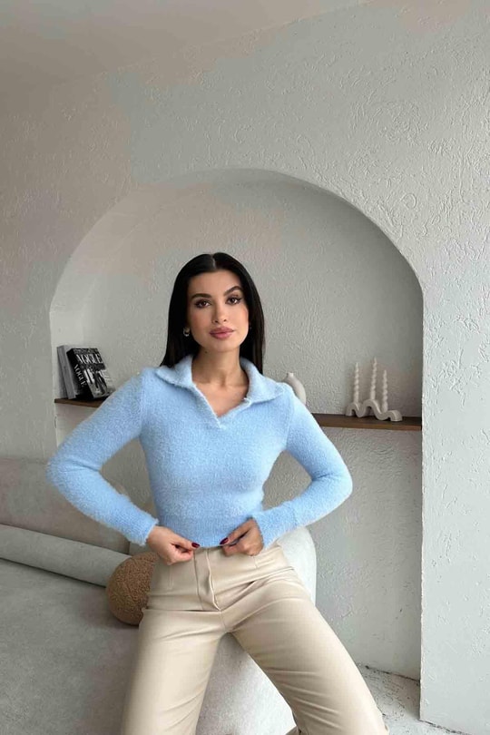 Polo Yaka Yumoş Kazak Bebe Mavi