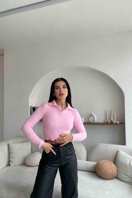 Polo Yaka Yumoş Kazak Şeker Pembe