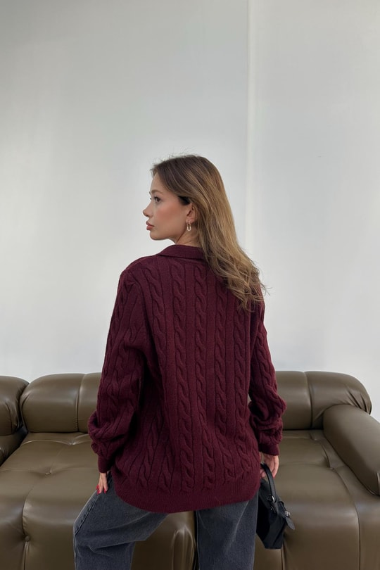 Saç Örgü Polo Yaka Kazak Bordo
