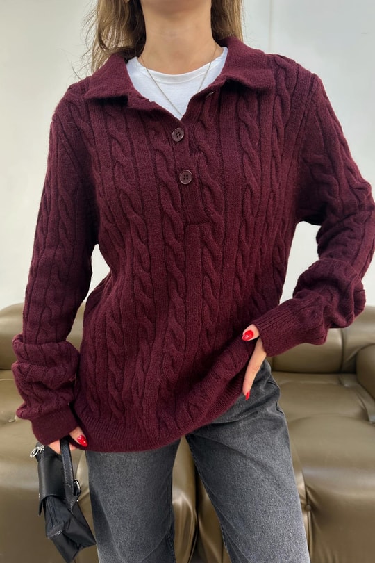Saç Örgü Polo Yaka Kazak Bordo
