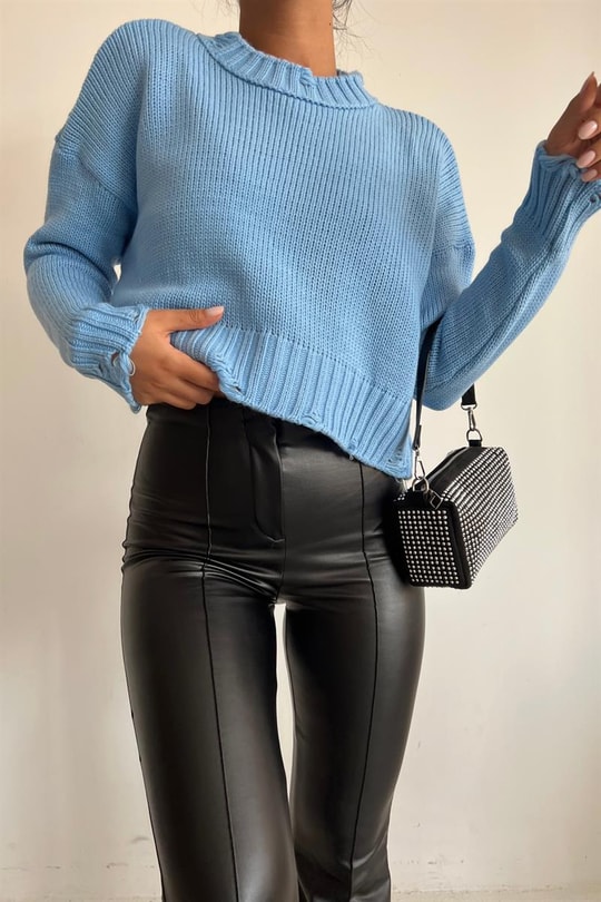 Saçaklı Crop Triko Kazak Bebe Mavi