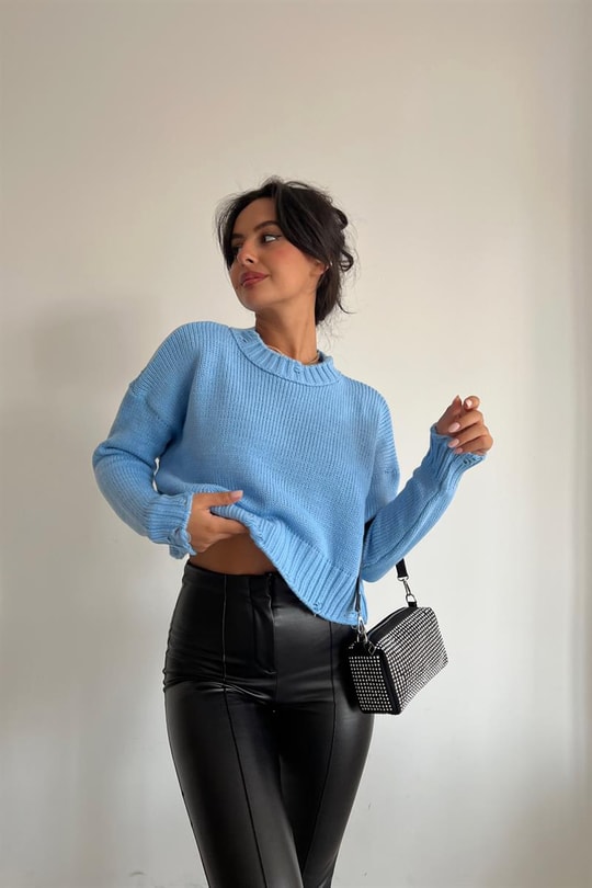 Saçaklı Crop Triko Kazak Bebe Mavi